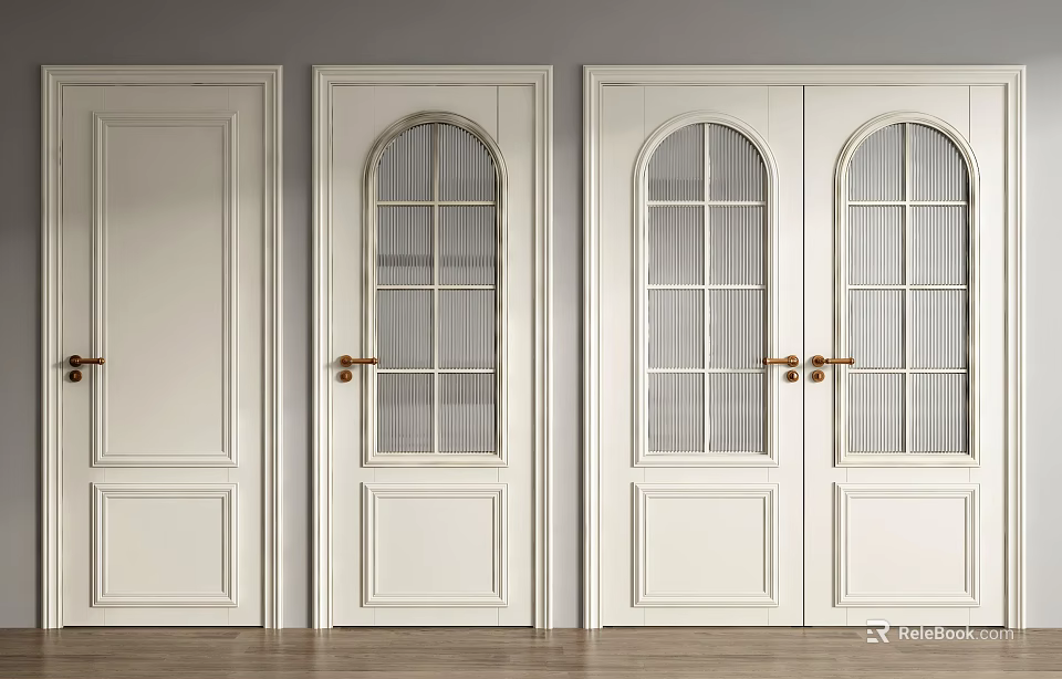 White Swing Doors Featuring Single and Double Arched Glass Windows Grilles and Golden Handles 3d model 