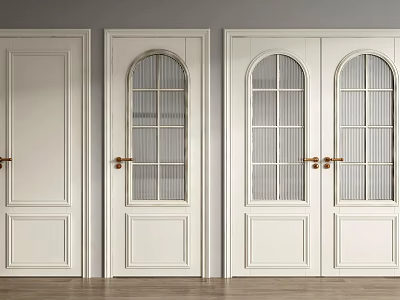 White Swing Doors Featuring Single and Double Arched Glass Windows Grilles and Golden Handles 3d model