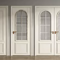 White Swing Doors Featuring Single and Double Arched Glass Windows Grilles and Golden Handles