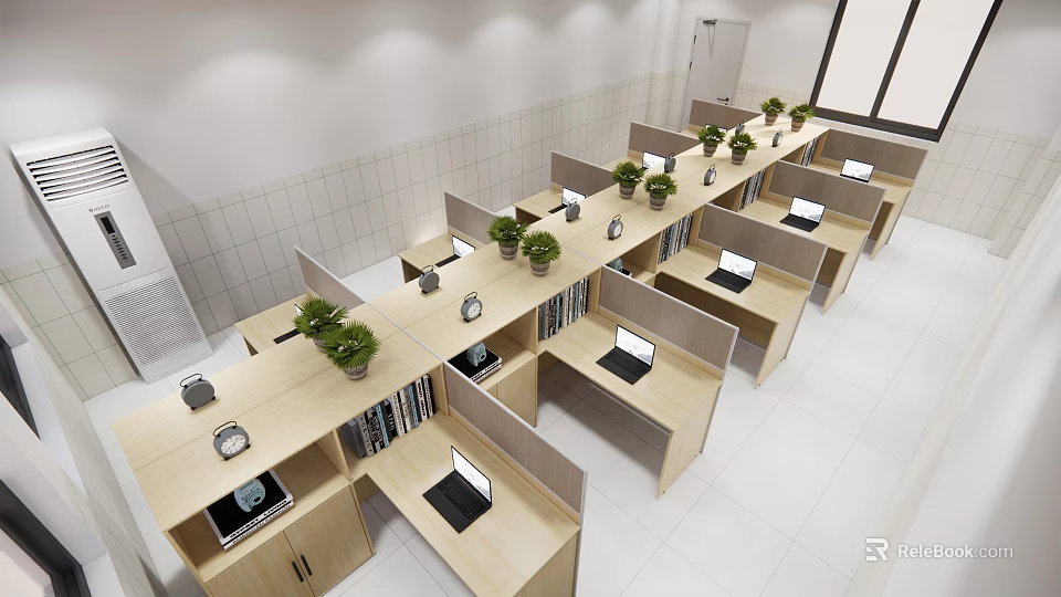 Modern Public Office Space With Partition Desks Laptops Potted Plants And Bookshelves 3d model 