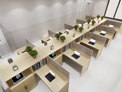 Modern Public Office Space With Partition Desks Laptops Potted Plants And Bookshelves 3d model