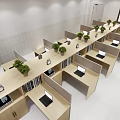 Modern Public Office Space With Partition Desks Laptops Potted Plants And Bookshelves