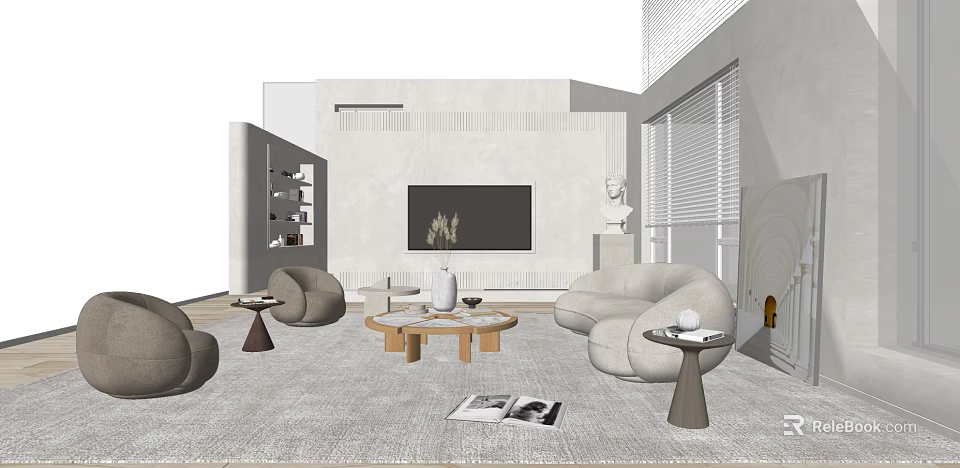 Modern Living Room Featuring Cozy Light Gray Sofa And Round Wooden Coffee Table Set 3d model 