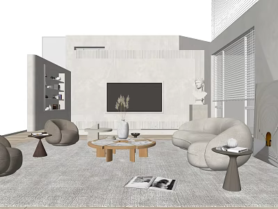Modern Living Room Featuring Cozy Light Gray Sofa And Round Wooden Coffee Table Set 3d model