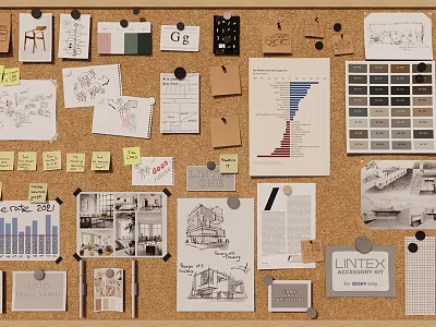 Corkboard Photo Wall Featuring Design Sketches Hand Drawn Illustrations Color Swatches Notes Photos And Charts 3d model