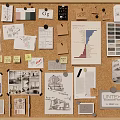 Corkboard Photo Wall Featuring Design Sketches Hand Drawn Illustrations Color Swatches Notes Photos And Charts