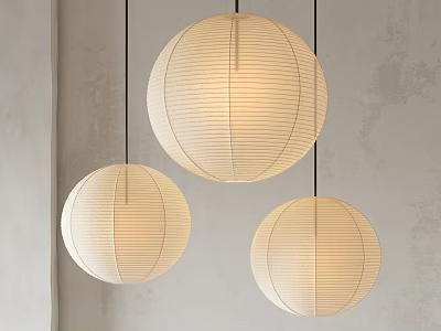 Three Spherical Beige Paper Pendant Lights with Warm Glow against Grey Wall Background 3d model