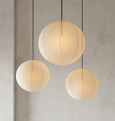 Three Spherical Beige Paper Pendant Lights with Warm Glow against Grey Wall Background 3d model