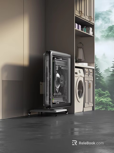 Transparent Computer Case With Washing Machine Cabinets And Natural Forest View Interior 3d model 