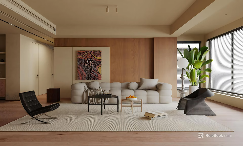 Modern Living Dining Room Interior With Cozy Sofa Coffee Table Decorative Artwork And Large Floor Plant 3d model 