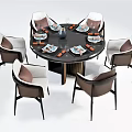 Modern Round Dining Table Set With Six Chairs Dark Frame And Light Upholstered Seats 3d model