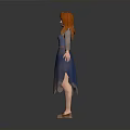 3D Animated Female Character With Red Hair Blue Gradient Dress Long Sleeves And Brown Shoes