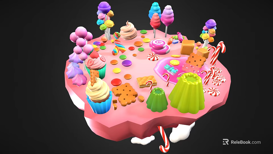 Colorful Sweet Treats Display on Pink Platform with Cupcakes Ice Cream Lollipops Cookies and Jelly 3d model 