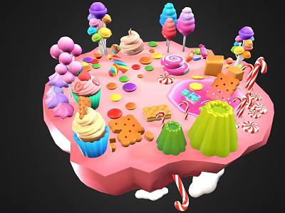 Colorful Sweet Treats Display on Pink Platform with Cupcakes Ice Cream Lollipops Cookies and Jelly 3d model