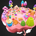 Colorful Sweet Treats Display on Pink Platform with Cupcakes Ice Cream Lollipops Cookies and Jelly