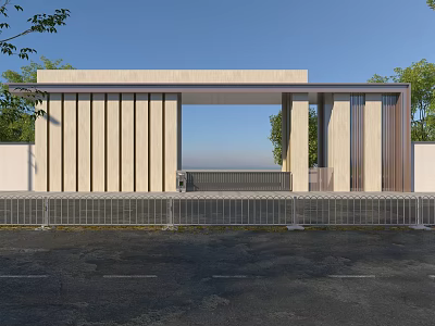 Modern Entrance Gate Design With Vertical Slats Stone Walls And Surrounding Green Trees 3d model