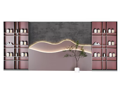 Red Shelving Units With Wavy LED Light Strip And Small Tree In Interior 3d model