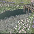 Garden Landscape With Pond Purple And White Flowers Wooden Bridge Green Plants And Fish