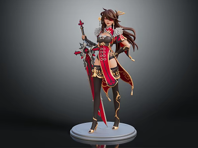 Horned Female Fantasy Warrior With Long Brown Hair Red Gold Outfit And Weapon On Pedestal 3d model