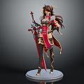 Horned Female Fantasy Warrior With Long Brown Hair Red Gold Outfit And Weapon On Pedestal