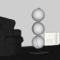 Modern Three Spherical Globe Floor Lamp With Black Leather Sofa And Open Book 3d model