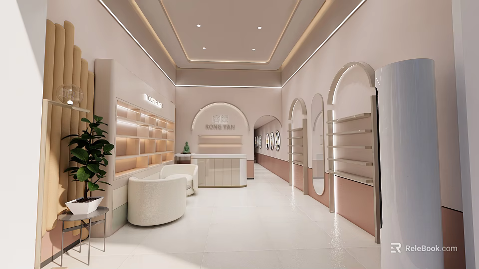 Modern Beauty Salon Interior Design With White Sofas Arched Doorways And Green Plants 3d model 