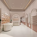 Modern Beauty Salon Interior Design With White Sofas Arched Doorways And Green Plants