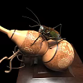 Gourd Shaped Decorative Ornament Set With Green Insect On Brown Base And Smoke Effect