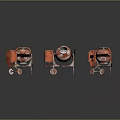 Three Red And Silver Concrete Mixers With Wheels And Orange Parts On Dark Reflective Surface