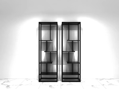 Black Decorative Cabinets With Multiple Shelves In White Background And Patterned Tile Floor 3d model