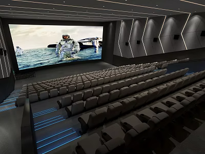 Modern Cinema Interior Design With Large Screen Comfortable Seats And Ambient Lighting 3d model