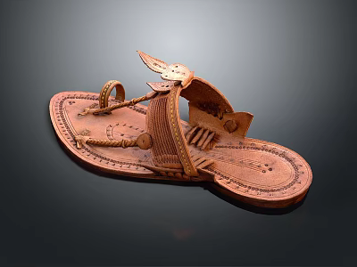 Brown Handcrafted Leather Slippers With Woven Straps And Intricate Embroidered Patterns 3d model