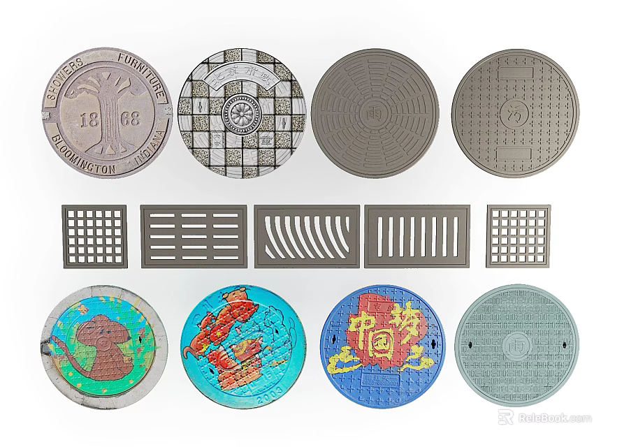 Road Infrastructure Featuring Diverse Manhole Covers And Grates With Various Patterns 3d model 