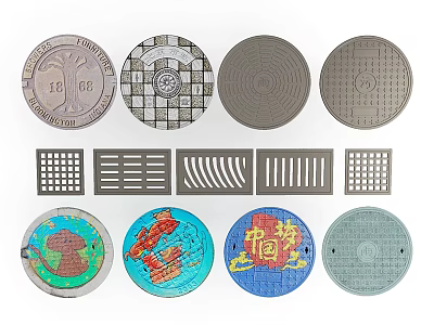 Road Infrastructure Featuring Diverse Manhole Covers And Grates With Various Patterns 3d model