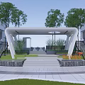 Modern Outdoor Pergola With White Frame Steps Green Plants And Landscaped Area