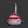 Delicious Cupcake With Lit Candle Strawberry And Green Decorations On Colorful Frosting Base