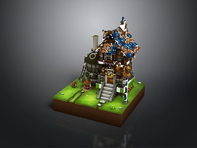 Lego Style Small House Model With Blue Roof Chimney And Staircase On Green Grass Base 3d model