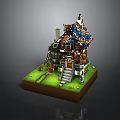 Lego Style Small House Model With Blue Roof Chimney And Staircase On Green Grass Base