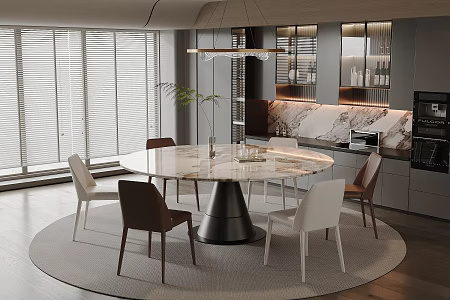 Light Luxury Home Dining Room Marble Round Dining Table and Chair Combination Leather Backrest Dining Chair Six-seat Glass Cabinet Wine Cabinet Kitchen Supplies Vase Ornaments Carpet 3d model