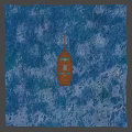 Wooden Pirate Ship With Blue Sails And Skull Emblem On Water Surface