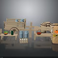 Rustic Market Display Components With Wooden Cart Crates Blue Jars Barrels Sacks And Produce