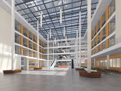 Spacious Modern Building Atrium With Glass Ceiling White Columns Wooden Walls And Staircase 3d model