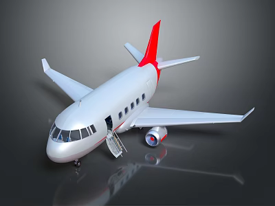 Passenger Plane 3D Model With White Body Red Tail Open Door And Boarding Stairs 3d model
