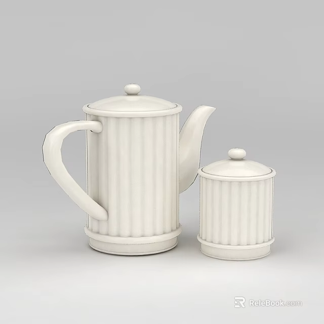 Technology Exhibition Hall Displaying White Teapot And Small Jar With Ribbed Design 3d model 