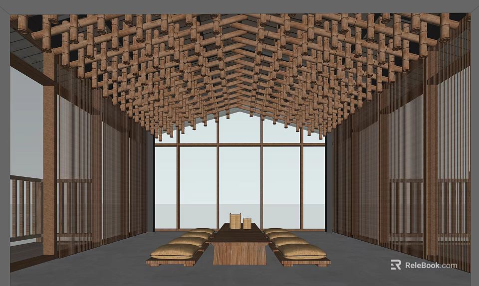 Hotel Public Lounge Area with Wooden Woven Lattice Ceiling Large Windows and Floor Cushions 3d model 