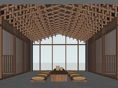 Hotel Public Lounge Area with Wooden Woven Lattice Ceiling Large Windows and Floor Cushions 3d model