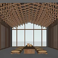 Hotel Public Lounge Area with Wooden Woven Lattice Ceiling Large Windows and Floor Cushions