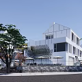 Modern Commercial Street With White Buildings Trees Steps And Evening Pedestrians