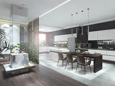 Modern Restaurant Interior With Open Design Wooden Floors Pendant Lights Dining Table And Green Plants 3d model