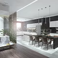 Modern Restaurant Interior With Open Design Wooden Floors Pendant Lights Dining Table And Green Plants